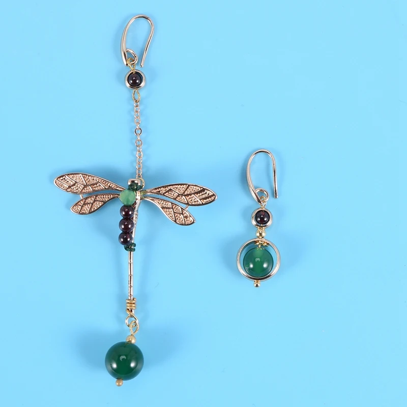 Ethnic Vintage Dragonfly Stone Bead Asymmetric Dangle Earrings Fashion Jewelry Drop Hook Earrings For Women Gift