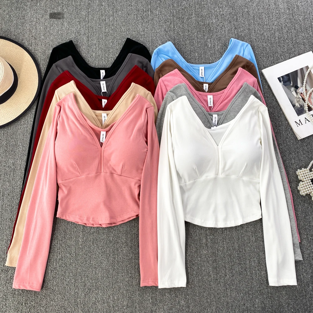 

Sexy Basic Skinny V Neck T Shirt with Pad Slim Tops Korean Fashion Tees Long Sleeve Women Spring Autumn Top