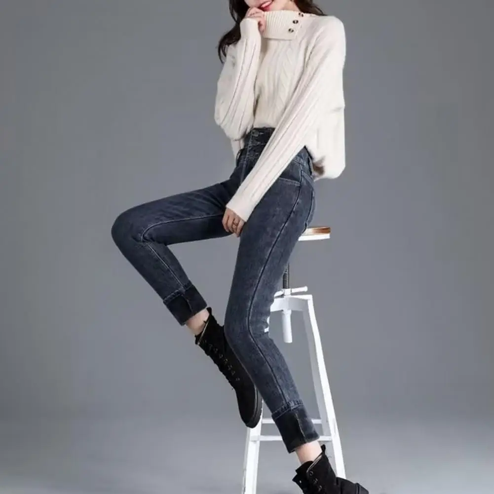 

Women Cotton Denim Jeans Warm Cozy High Waist Winter Jeans for Women with Faux Fur Lining Slim Fit Button Closure Pockets Soft