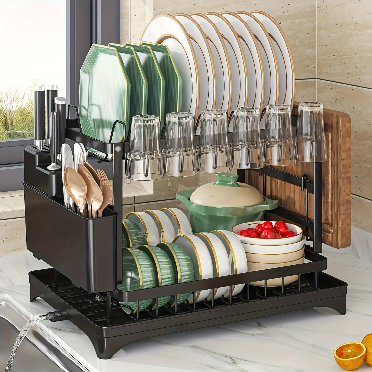 1pc 2 Tier Carbon Steel Dish Drying Rack Kitchen Organizer and Storage Racks for Kitchen Counter with Drainboard and Removable U