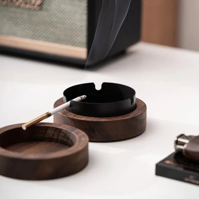 Desktop Wood Ashtray With Lid Stainless Steel Liner Windproof Ash Tray For Bar Office Home Decoration Smoking Accessories
