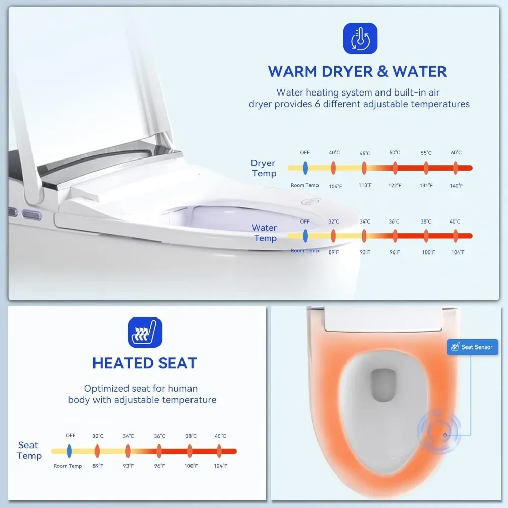 Smart Toilet, Bidet Built in And Toilet with Heated Seat, Automatic Flush, Dryer, Night Light, Digital Display, Toilet Smart 3