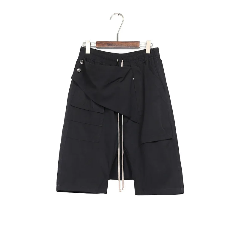 

High Street Rick Men Clothing Shorts for Men Cargo Pants Black Bib Pocket Design Casual Loose-fitting Harem Pants