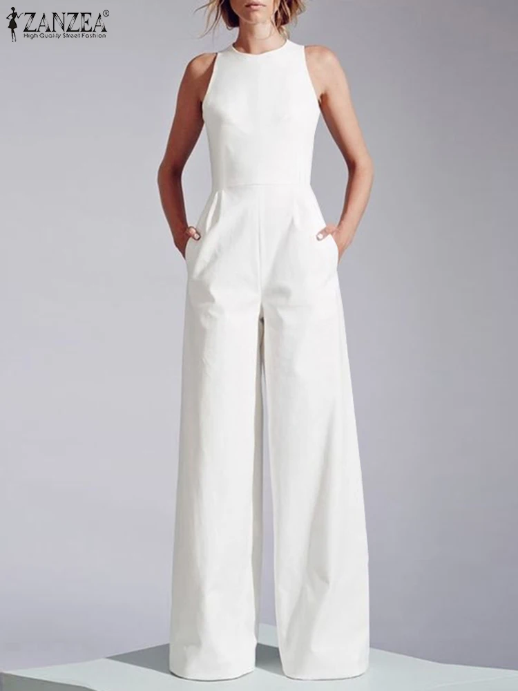 

Women Sleeveless Long Jumpsuit ZANZEA 2023 Summer Wide Leg Pant Casual Waisted Tank Playsuit Office Lady Elegant Pocket Overalls