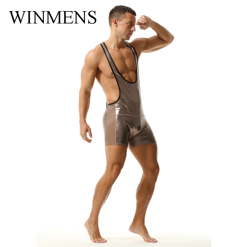 Men's Shiny Jumpsuit Splicing Imitation Leather and Mesh Elastic One Piece Underwear Halter Sleeveless Low-necked Costume
