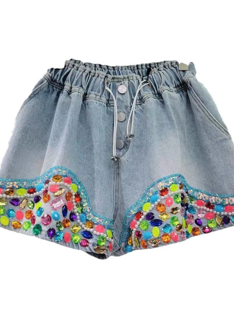 Heavy Industry Inlaid Color Diamond Beaded Denim Shorts 2024 Summer New Fashion High Waist Slimming and Wide Leg Women Shorts
