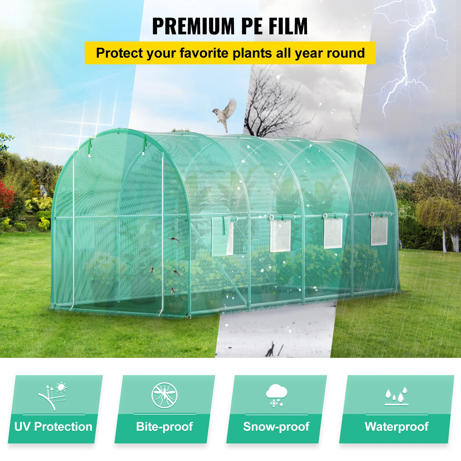 Galvanized Steel Green Walk-in Tunnel Greenhouse with Waterproof PE Cover