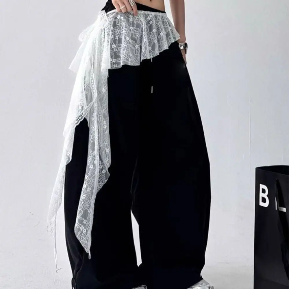 Jeans Pants Decor Embroidered Flower Lace Mini Skirt See Through Y2K Streetwear Ruched Skirts High Waist Irregular Butt Curtain