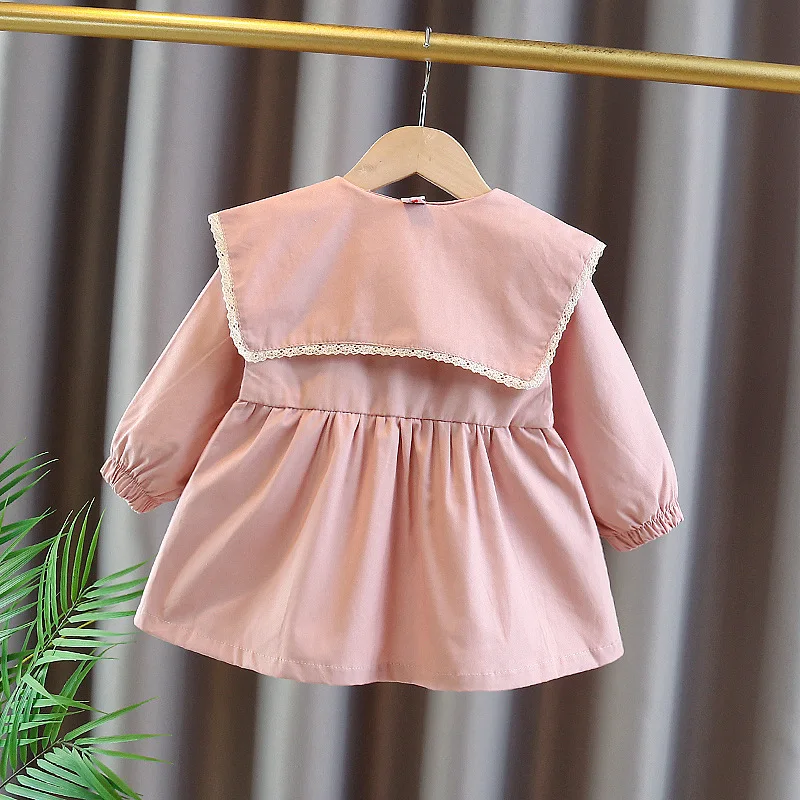 Girl Embroidered 3D Lace Flip Collar Navy Collar Waist Windbreaker Children Windbreaker Coat Autumn