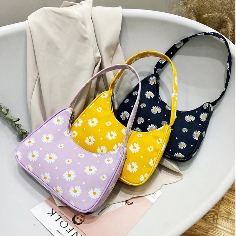 Bolso de mano con diseño creativo para mujer, bolsa mano con diseño clásico de margaritas y flores a la moda, de nailon, para hombro|Bolsos de hombro| - AliExpress
