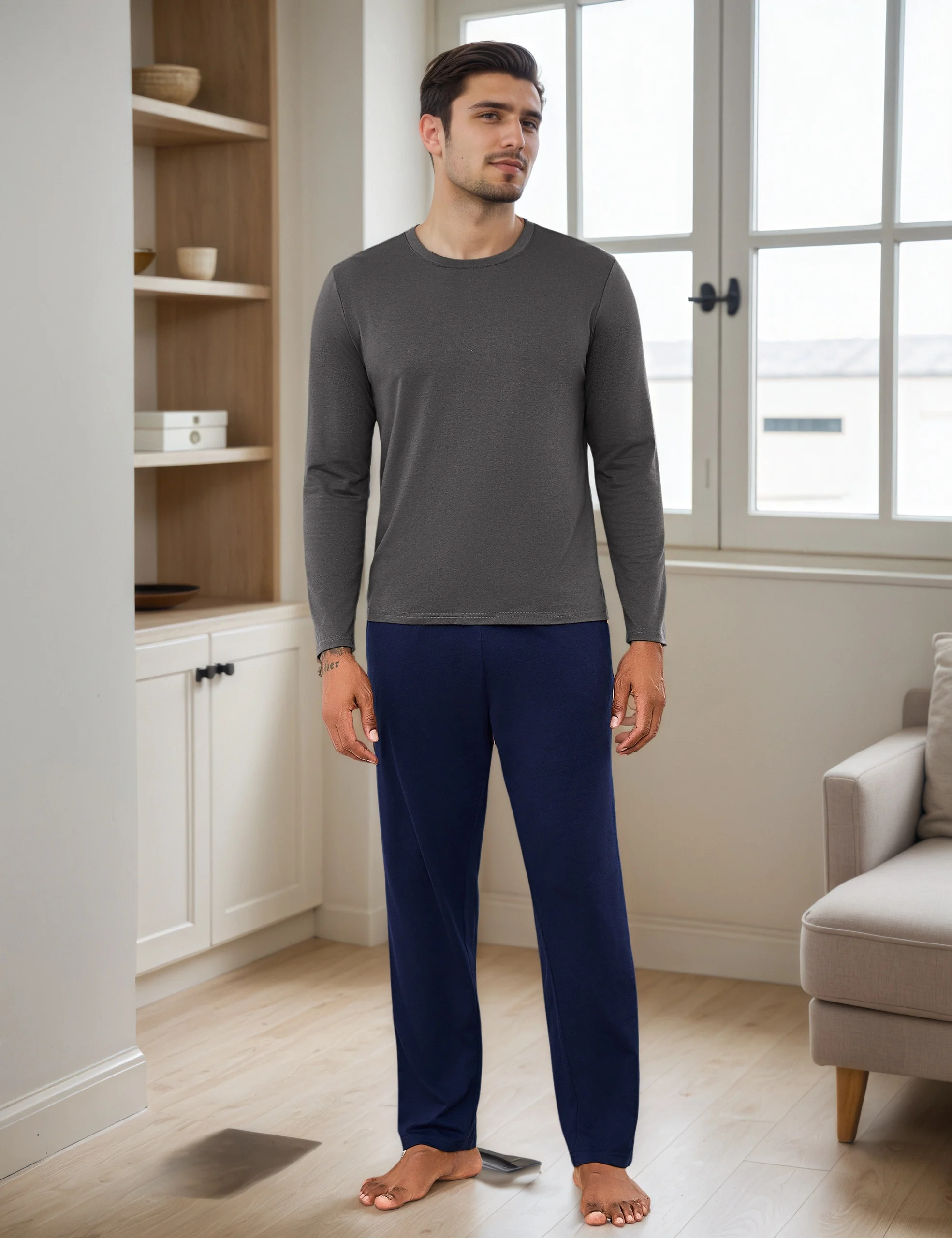 Herren Schlafanzug lang aus reiner Baumwolle, bequemes Set für Nacht und Zuhause, weiches hautfreundliches Gewebe, atmungsaktiv und angenehm, klassisches zeitloses Design, verschiedene Größen – Detail 8
