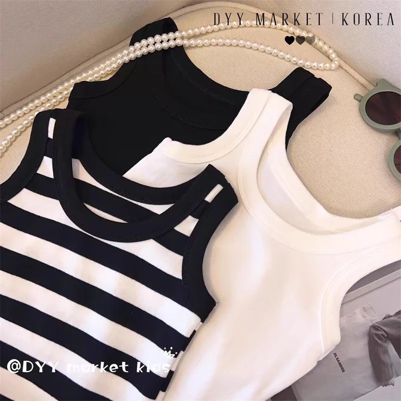 

Summer Kids Girls Vests Korean Baby Girls I-tank Top Toddler Cute Black and White Stripes Vest Kawaii Children Vest 2-7y