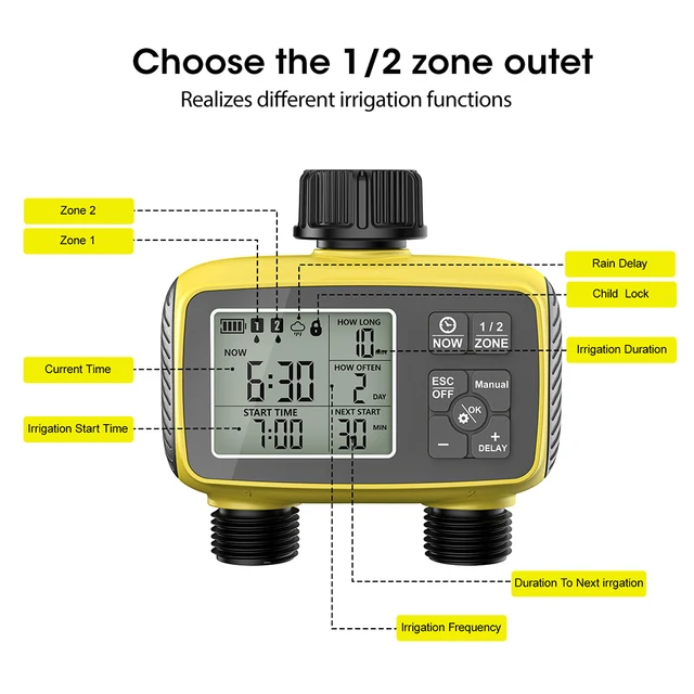 Large Screen Display Garden Irrigation Timer 2 Outlets Smart Water Timer Irrigation Control System Timed Water Value IPX5 6