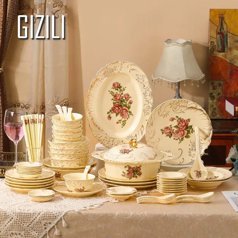European Style Vintage Rose Ceramic Dinner Plate Dessert Dish Western Food Dinner Plate Household Tableware Decoration