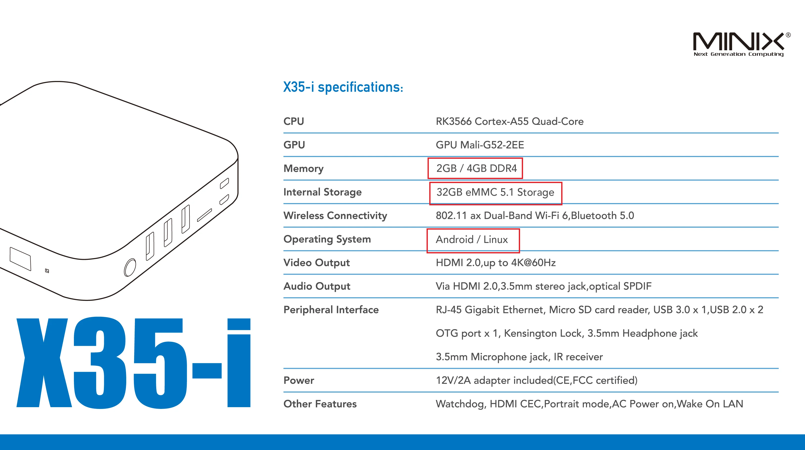 MINIX X35-i Max ,Android media player for digital signage , 4+32GB,WIFI6,watch dog, Wake On LAN, Auto Power, RTC ,Linux