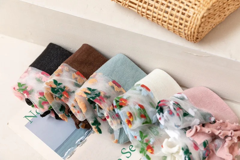 Floral Embroidery Crystal Silk Socks Summer Ultra-thin Transparent Vintage Lace Socks Women Sweet Girls Kawaii Cute Ruffle Socks