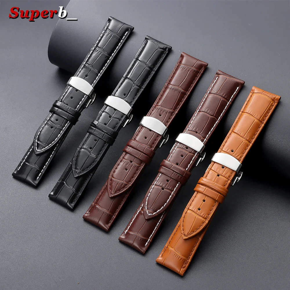 Elegant Genuine Leather Butterfly Clasp Watch Band with Premium Wooden Box