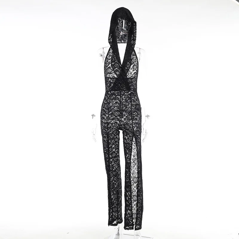 Women Sexy See Through Jumpsuits Deep V Neck Sleeveless Backless High Split Club Party Lace Hooded Rompers Hottie Slim Overalls