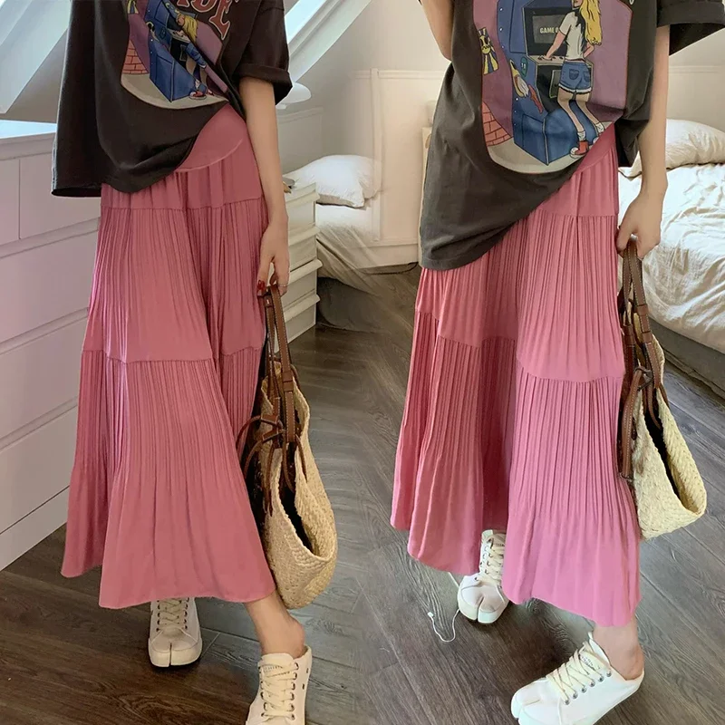 1142# 2023 Summer Fashion Ruching Patchwork Maternity Long Skirts Belly A Line Loose Clothes for Pregnant Women Pregnancy