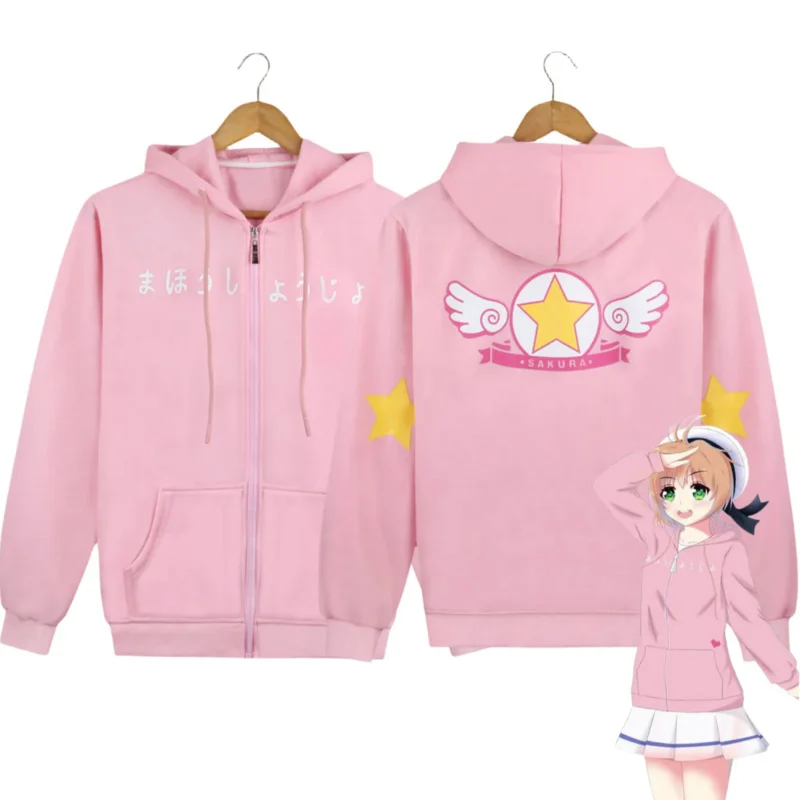 

Anime Cardcaptor Sakura Card Captor Kinomoto Sakura Cosplay Costume Pink Hooded Coat Hoodie Adult Woman Kawaii Leisure Suit