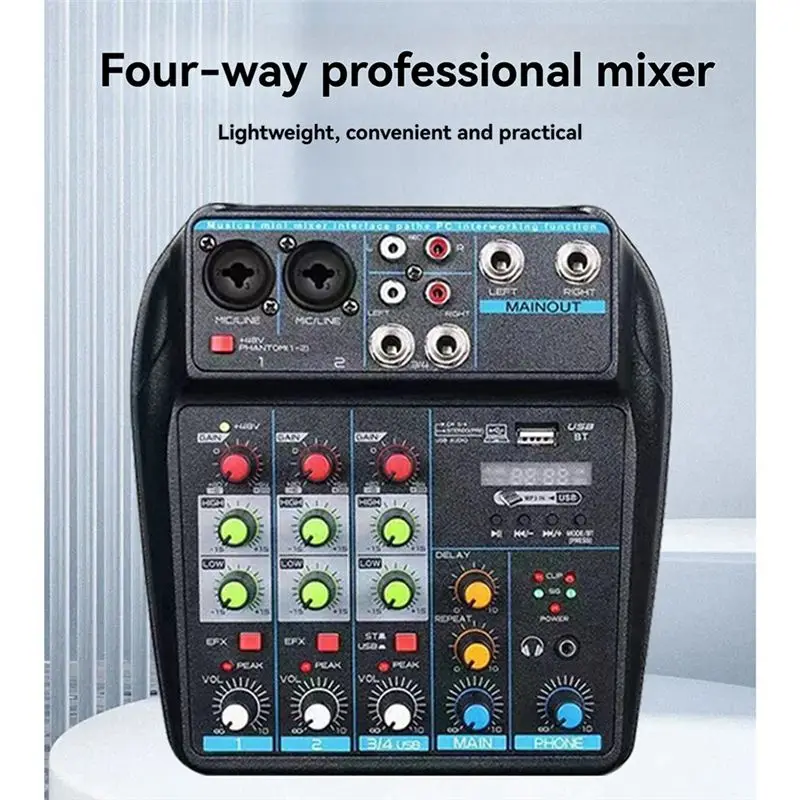 AM-Professional 4채널 USB 오디오 믹서 콘솔(블루투스 포함), DJ 및 PC 믹싱을 위한 녹음 기능