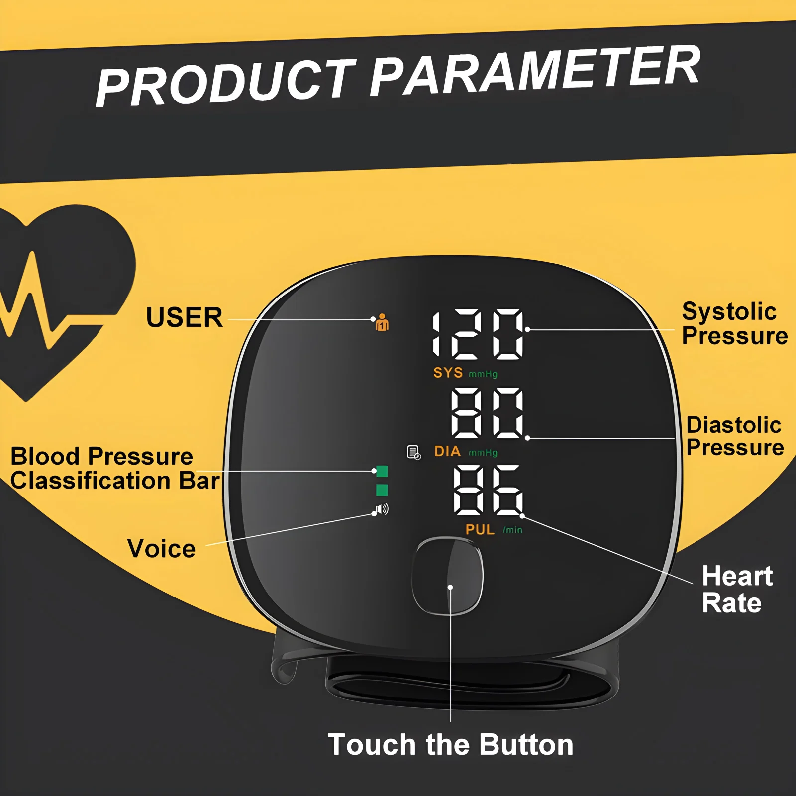 Blood Pressure Monitor Meter Rechargeable Voice Electronic Automatic Digital Heart Rate Wrist with Smart Touch LCD Screen