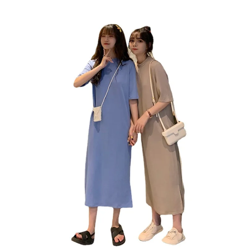 Casual Summer Dresses For Women 2024 Solid Short Sleeve Open Side Long Khaki Black Dress Vestido Feminino