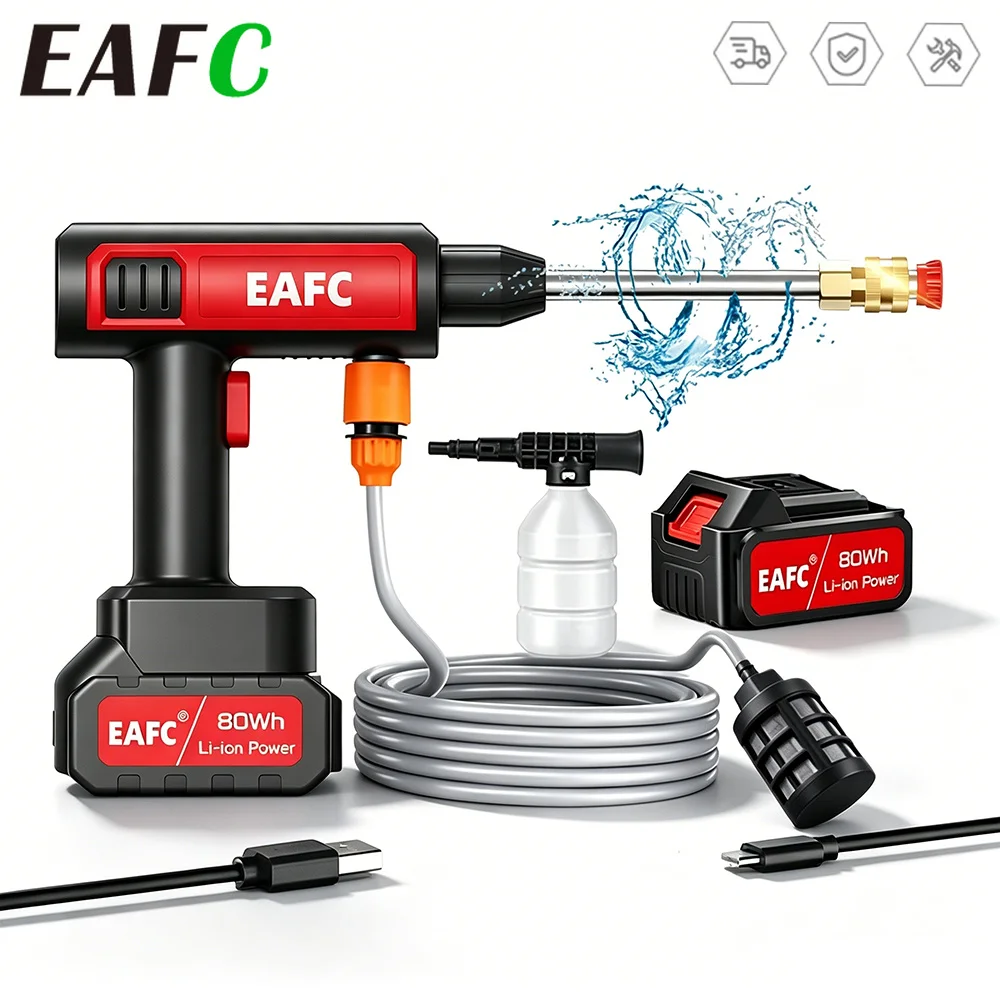 EAFC 휴대용 고압 세척기 60Bar 물총 가정용 리튬 배터리 충전 무선 스프레이 클리너 펌프세탁기