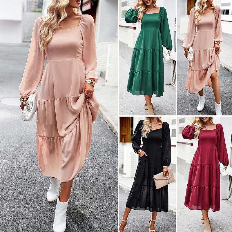 

2023 New Women's Autumn Dress Solid Square Neck Dress Women's Elegant Long Dress