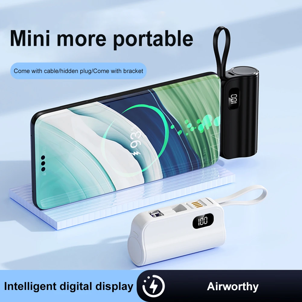 10000mAh Mini Power Bank Digital Display Compact Portable Charger Built-in USB-C & 8 Pin Connector Capsule PowerBank for IPhone 3