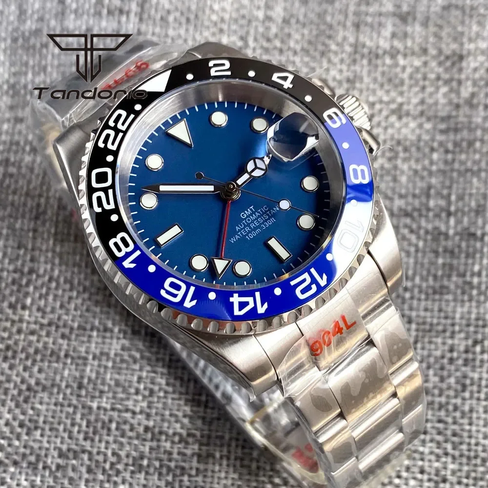 

Tandorio Watch for Men NH34A GMT Function Stainless Steel Automatic Blue Sterile Dial Date Ceramic Rotating Bezel Sapphire Glass