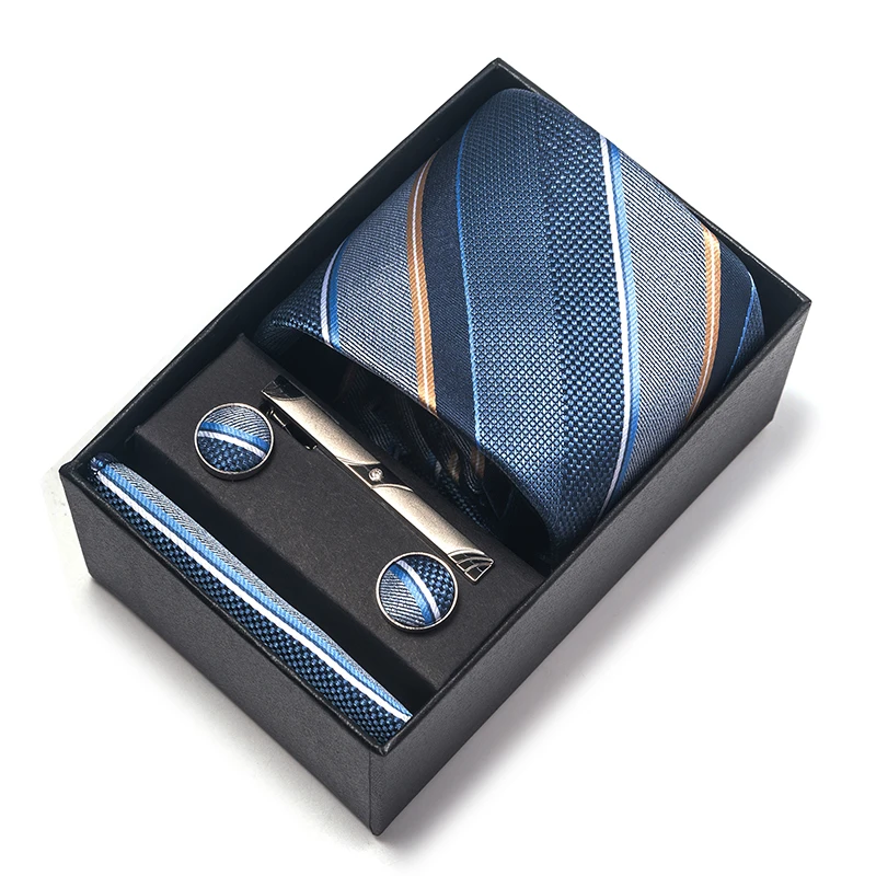 8 cm Tie Handkerchief Cufflink Clip Set For Men Blue Floral Wedding Gravata Suit Accessories Birthday Gift Box neck tie,tie clip,pocket square,mini handkerchief