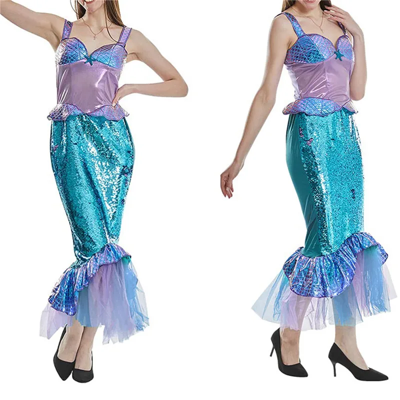 

Women's Mermaid Tail Costume Halloween Long Funcy Dress Sequin Halter Neck Fishtail Hem Dress Cosplay Fancy Party Dress Summer