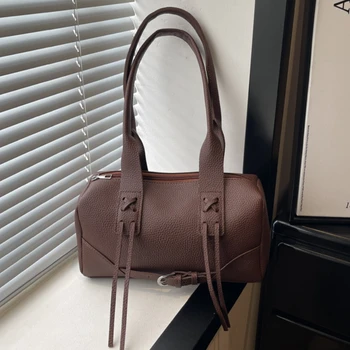 Borsa a Spalla Boston con Nappe e Lacci, Borsa a Mano Vintage da Donna Grande Capacità, Borsa Tote con Chiusura a Cerniera per il Pendolarismo