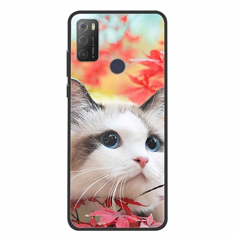 Charming Cat & Floral Design Silicone Phone Case, Black 6.52''