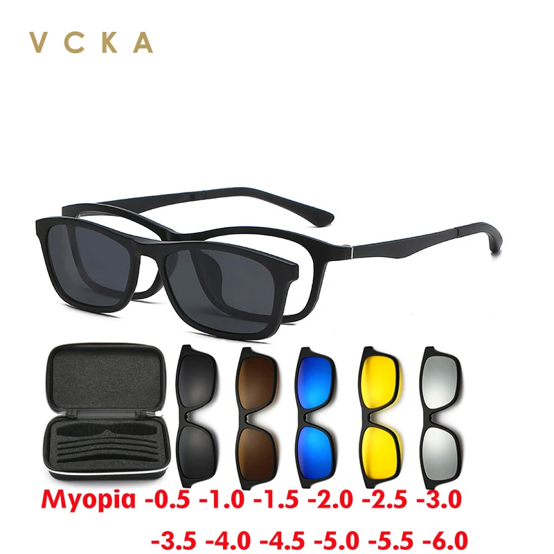 

VCKA Myopia Polarized Sunglasses Men Women 6 In 1 Magnetic Clip On Glasses TR90 Optical Prescription Eyewear Frames Eyeglasses