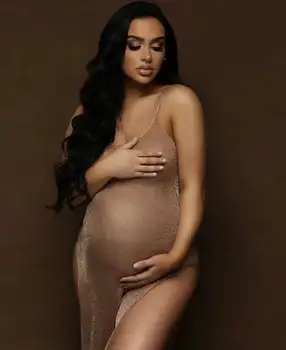 Maternity Dresses for Photo Shoot Pregnancy Dress Photography Shoot Gold Knitted Robe Clothing Props