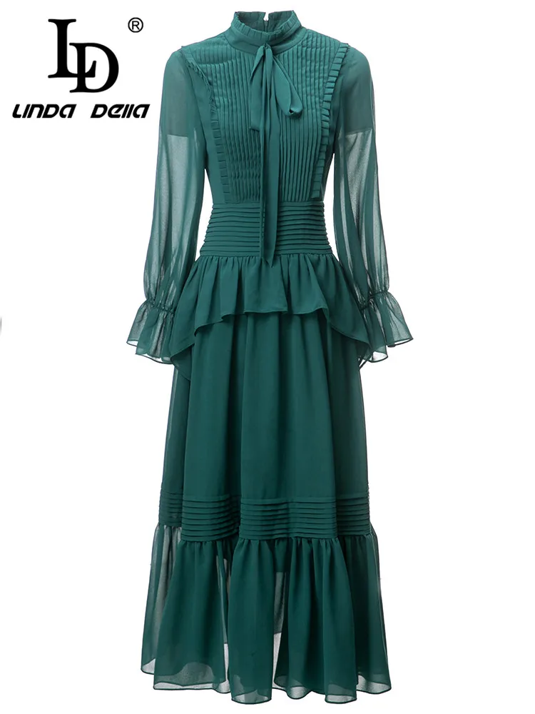 LD LINDA DELLA Autumn Birthday Dress For Women's Vintage Flared long sleeve High Waist Ruffle Splice Striped Draped Long Dress