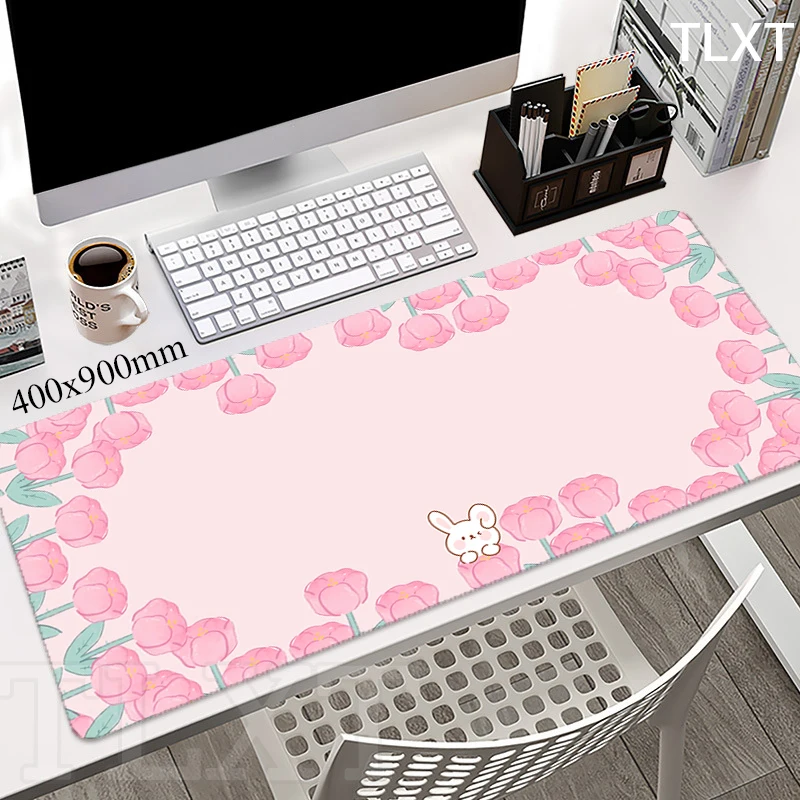 Cute Bunny Mouse Pad Company Mousepad Esteiras de Mesa Grande Flor Rosa Pontos Edge Deskpads Tapete Kawaii 80x30 90x40 - Imagem 3