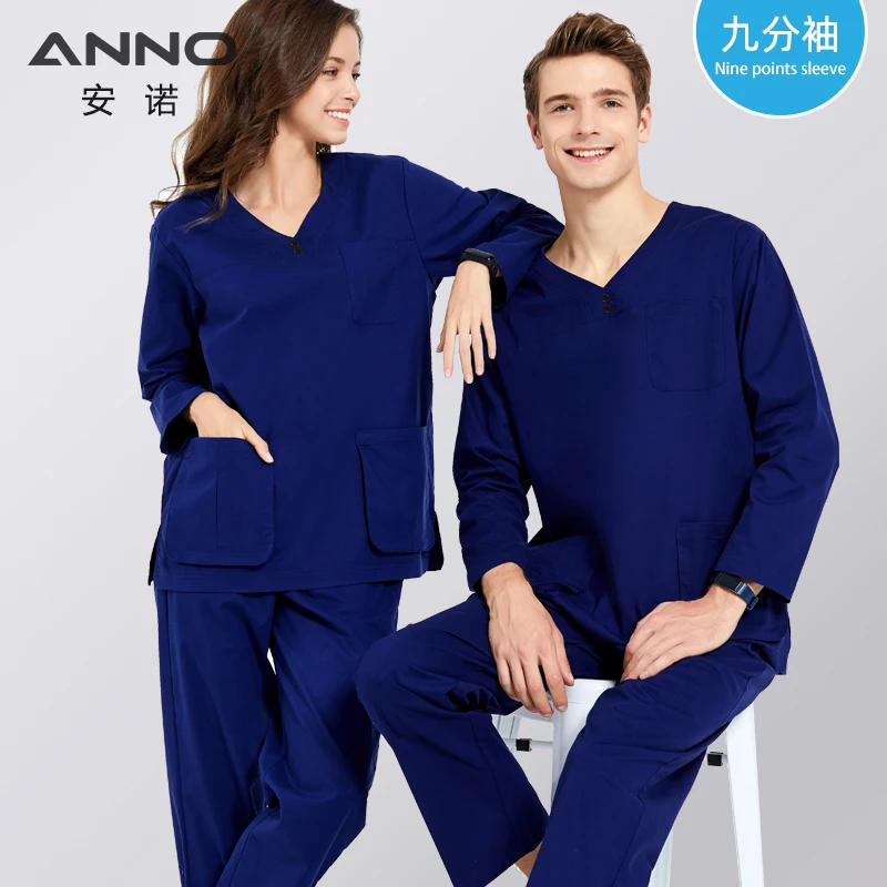 ANNO Nine Points Sleeve Nursing Scrubs Set Stretch Fabrics Spandex Nurse Uniform Unisex Paramedic Beauty Elasticity Work Suits