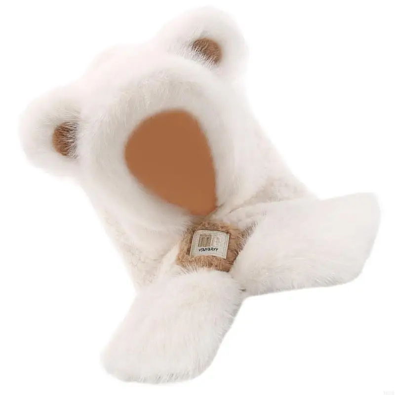 Faux Kaninchenfelle Kapuzenschal Mütze mit Bärenohr Damen Wintermütze mit Nackenwärmer für Outdoor-Abenteuer Freizeitkleidung – Detail 3