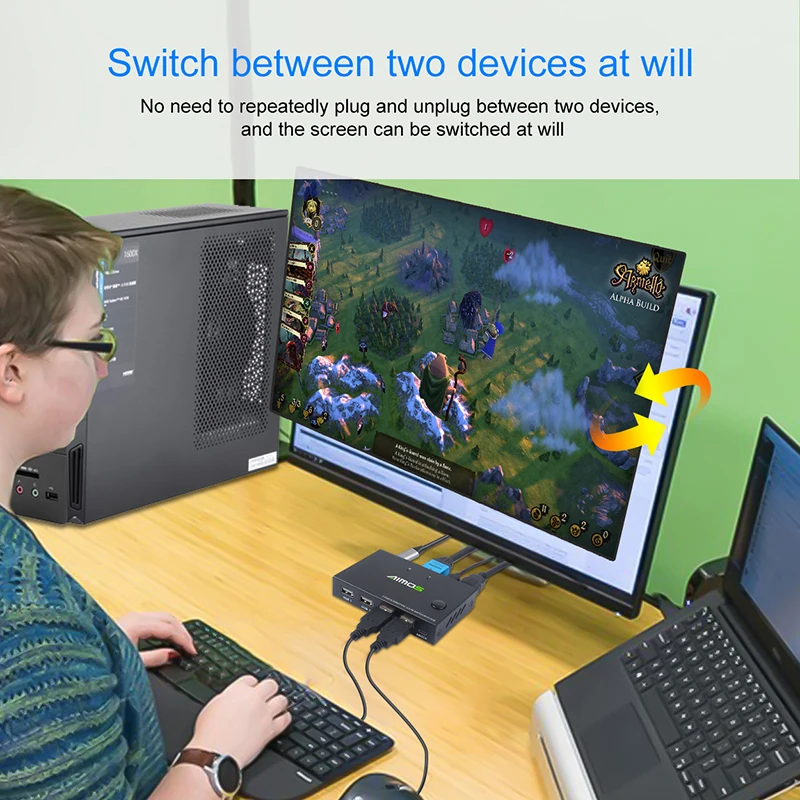 TYPE-C HDMI 호환 KVM 스위처, 2 in 1 Out, 다기능 게임 KVM 스플리터 익스텐더, 스위치 어댑터/컨버터, 4K