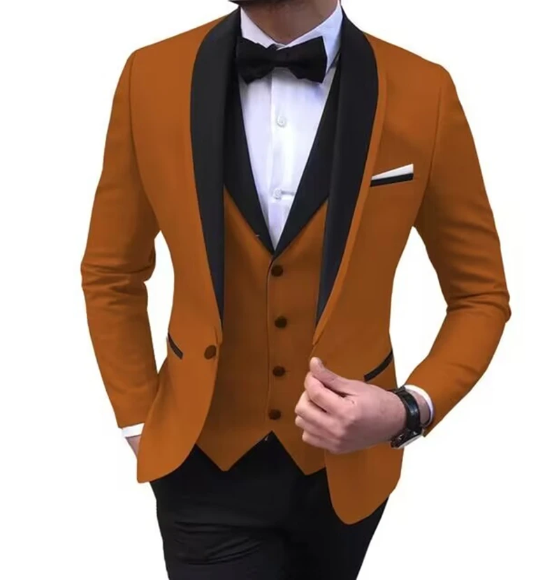 Solid Men's 3 Pieces Wedding Suit One Button Shawl Lapel Jacket Vest Pants Dinner Groom Tuxedos Slim Fit Formal Business Suits