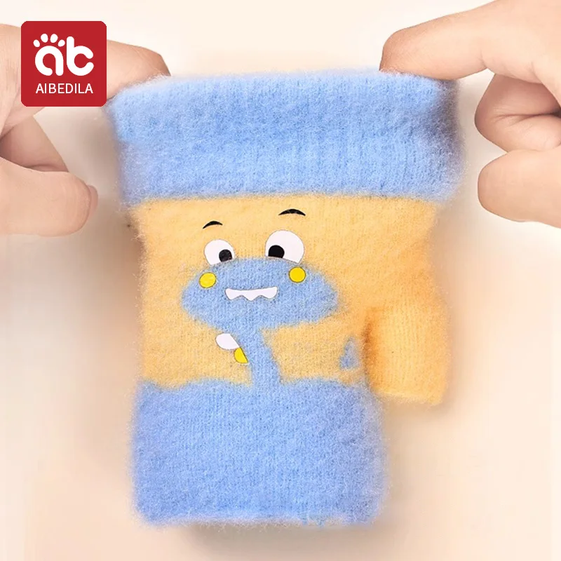 AIBEDILA Children Five Finger Gloves Winter Boy Thickened Half Finger Mittens Girl Kids Knitted Mitten Cartoon Warm Flip Gloves