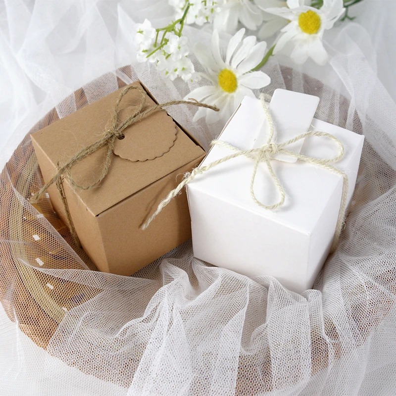 10pcs Kraft Paper Square Candy Box DIY Gift Box With Label Tag Wedding Birthday Party Decor Baby Shower Favor Supplies