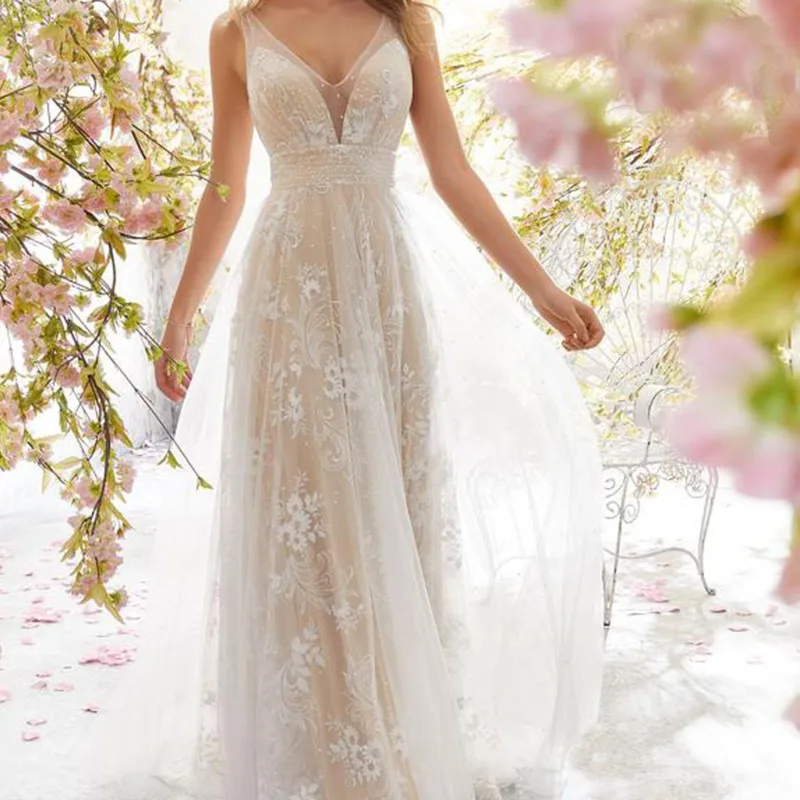 H009 Long Wedding Dress Lace V-Neck Open Back White Sleeveless Slim Fit Fashion Limited discount for muslim women cheap modest