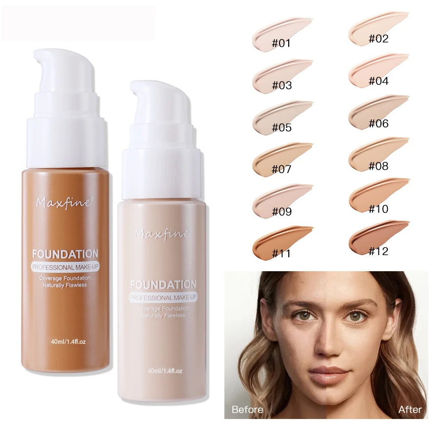 12 Shade Liquid Foundation with Long Lasting Oil Control Concealing Hydrating Lightweight Fine Texture and Non Cakey 1PCS