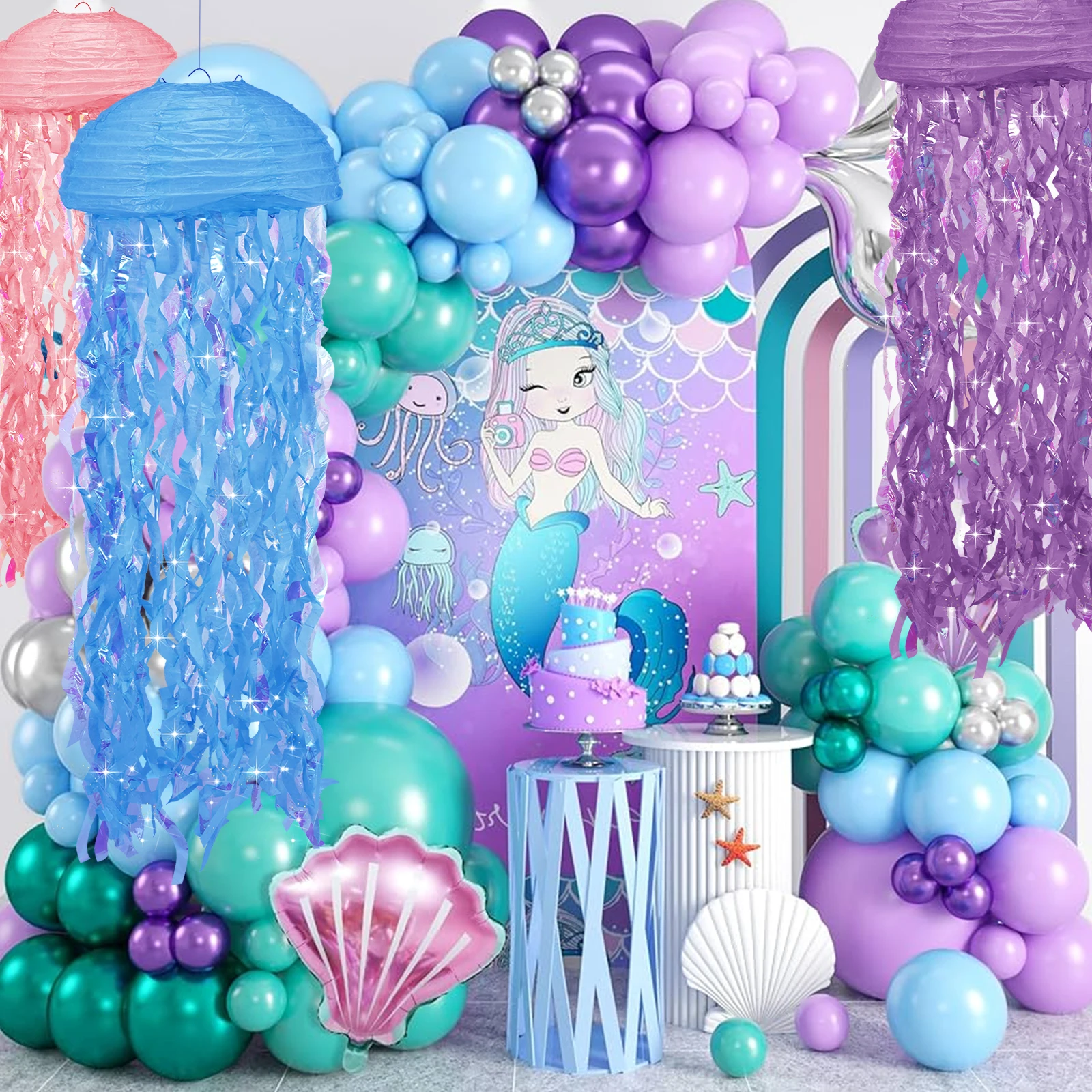 6Pc Jellyfish Paper Lantern Set Gradient Colorful Jellyfish Hanging Lantern Decorative Blue Purple Pink Mermaid Theme Paper Lamp