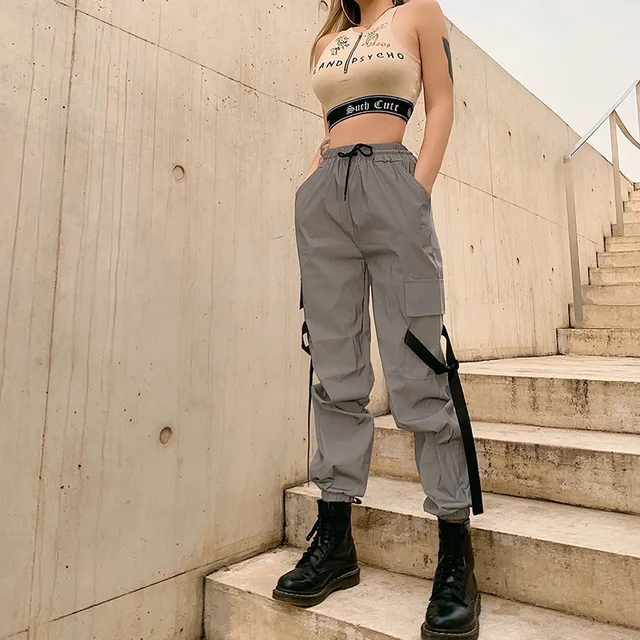 Women Harem Sweatpants Gray Hip Hop Reflective Pants Fashion Female Loose Mesh Patchwork Jogger Baggy Pants Plus Size Femme