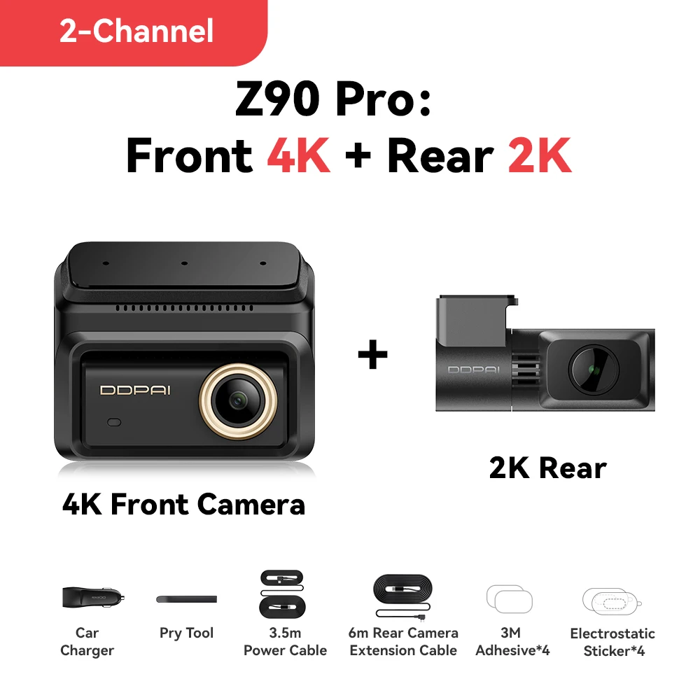 كاميرا لوحة القيادة DDPAI 4K+2K طراز Z90 Pro أمامية وخلفية مع دعم وضع الركن لمدة 24 ساعة ونظام GPS وADAS ومسجل فيديو للسيارة مع ذاكرة داخلية 64 جيجابايت
